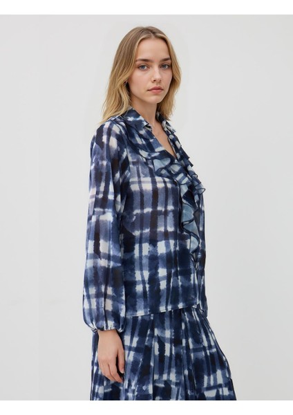 Lacivert V Yaka Uzun Kollu Desenli Dokuma Bluz modelleri