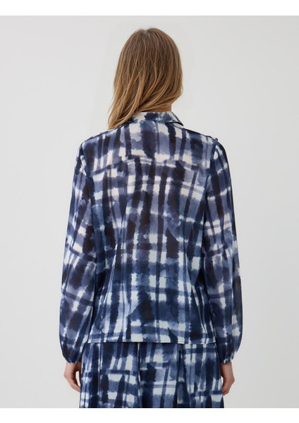 Lacivert V Yaka Uzun Kollu Desenli Dokuma Bluz indirimleri