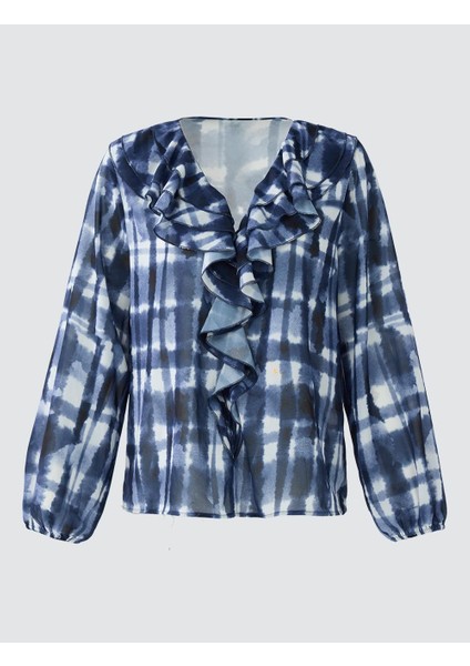 Lacivert V Yaka Uzun Kollu Desenli Dokuma Bluz