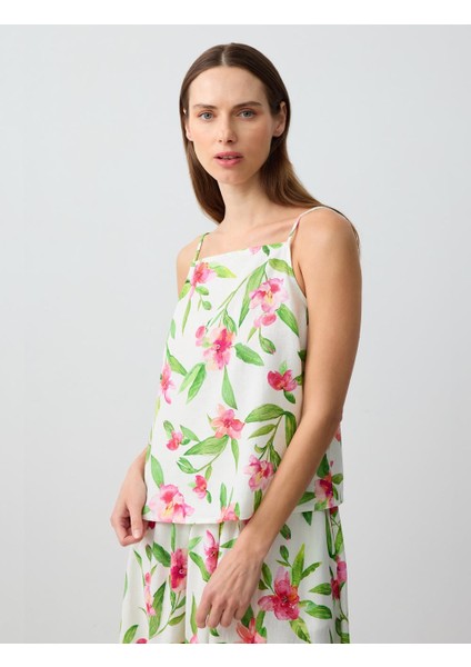 Ekru Askılı Düz Yaka Keten Karışımlı Desenli Bluz