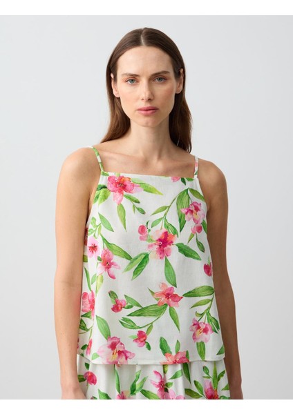 Ekru Askılı Düz Yaka Keten Karışımlı Desenli Bluz modelleri