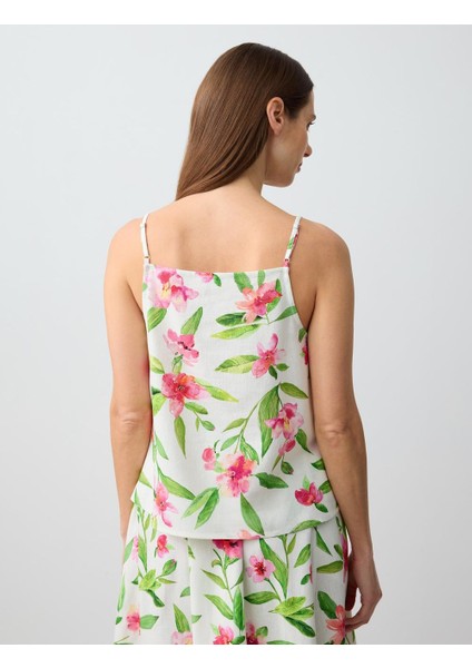 Ekru Askılı Düz Yaka Keten Karışımlı Desenli Bluz indirimleri