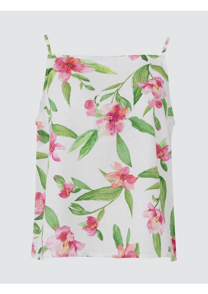 Ekru Askılı Düz Yaka Keten Karışımlı Desenli Bluz