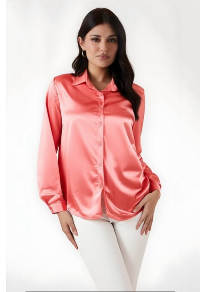 Kadın Somon Hafif Dökümlü Saten Yüzeyli Gömlek HZL22W-BD139641