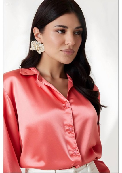 Kadın Somon Hafif Dökümlü Saten Yüzeyli Gömlek HZL22W-BD139641 fiyatları