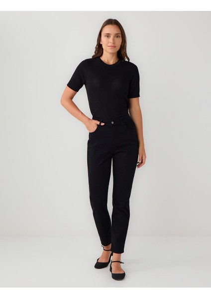 Siyah Yüksek Bel Normal Paça Dokuma Pantolon