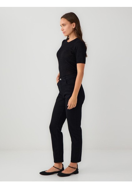 Siyah Yüksek Bel Normal Paça Dokuma Pantolon fiyatları