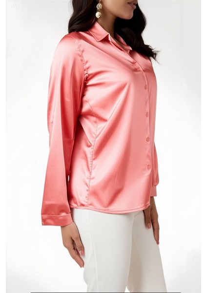 Kadın Somon Hafif Dökümlü Saten Yüzeyli Gömlek HZL22W-BD139641 modelleri