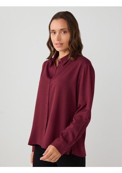 Bordo Uzun Kollu Düz Kesim Dokuma Gömlek