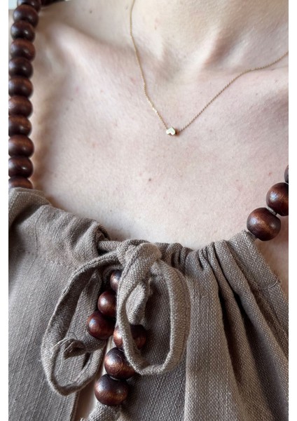 Omuzu Boncuklu Keten Elbise- Kahverengi fiyatları