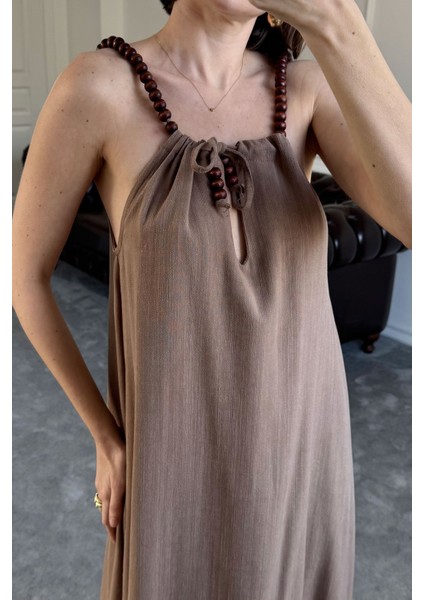 Omuzu Boncuklu Keten Elbise- Kahverengi modelleri