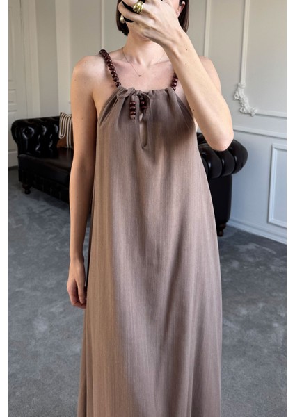 Omuzu Boncuklu Keten Elbise- Kahverengi fırsatları