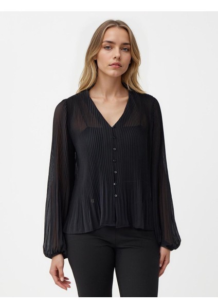 Siyah V Yaka Uzun Kollu Şifon Dokuma Bluz