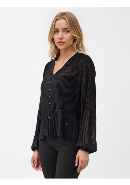 Siyah V Yaka Uzun Kollu Şifon Dokuma Bluz modelleri