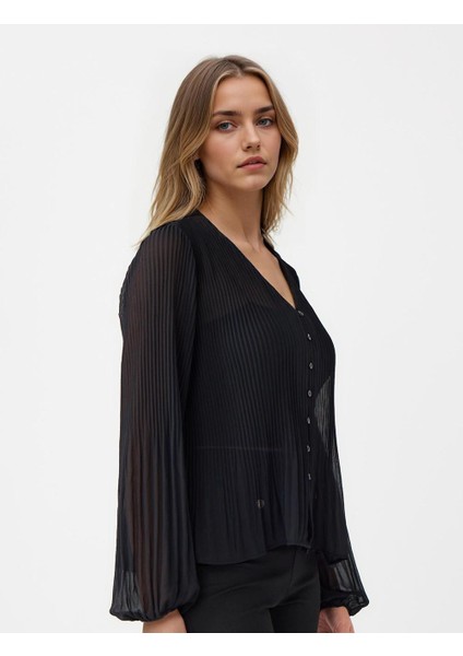 Siyah V Yaka Uzun Kollu Şifon Dokuma Bluz fırsatları