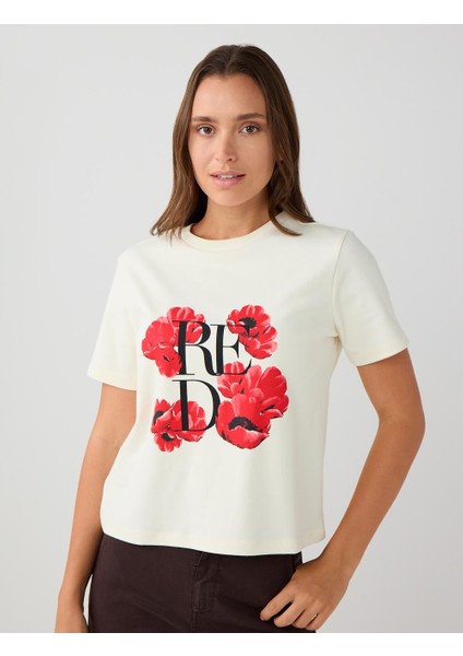 Beyaz %100 Pamuk Bisiklet Yaka Çiçek Desenli Örme Tişört