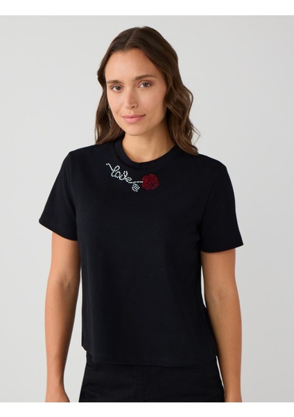 Siyah %100 Pamuk Bisiklet Yaka Çiçek Desenli Tişört