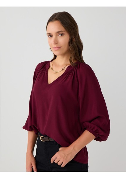 Bordo V Yaka Truvakar Kol Rahat Kesim Dokuma Bluz modelleri