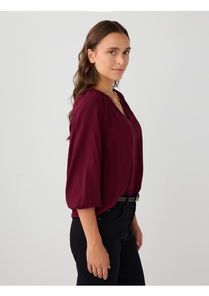 Bordo V Yaka Truvakar Kol Rahat Kesim Dokuma Bluz fırsatları