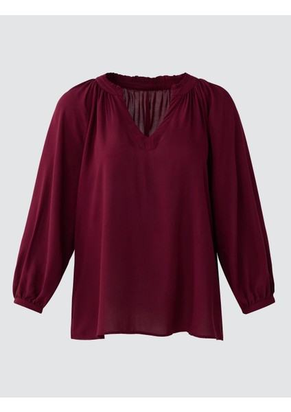 Bordo V Yaka Truvakar Kol Rahat Kesim Dokuma Bluz
