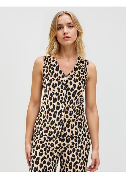 Siyah V Yaka Leopar Desenli Kolsuz Örme Bluz