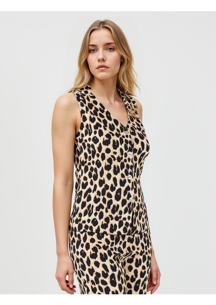 Siyah V Yaka Leopar Desenli Kolsuz Örme Bluz fırsatları