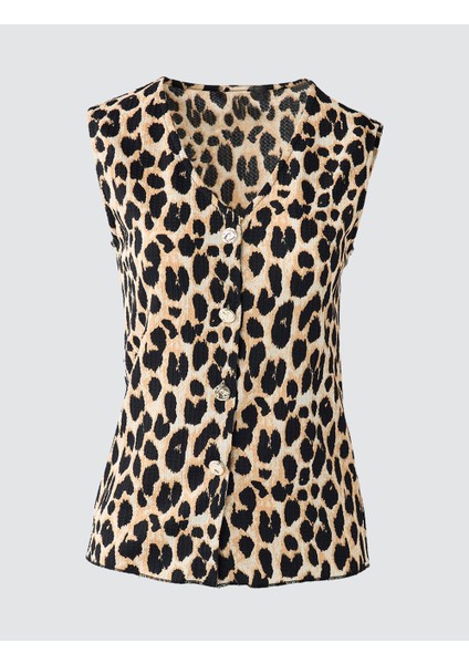 Siyah V Yaka Leopar Desenli Kolsuz Örme Bluz