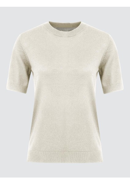 Ekru Yuvarlak Yaka Kısa Kollu Yün Karışımlı Triko Kazak
