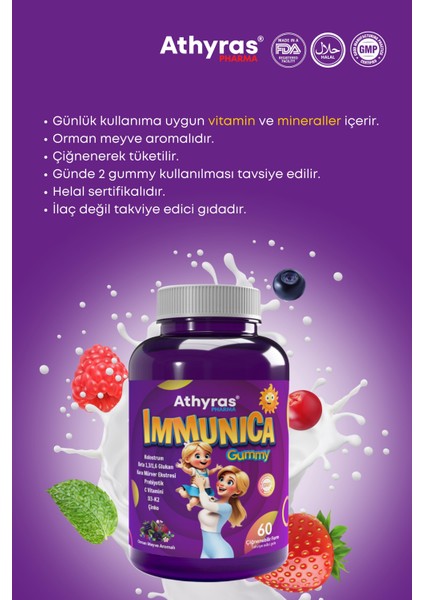 Immunica Gummy Kolostrum, Beta Glukan Kara Mürver, Prebiyotik İçeren 60 Çiğnenebilir Form modelleri