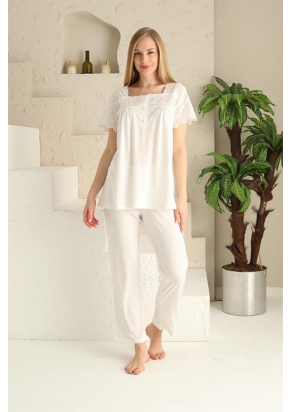 23201 Ekru Renk Kadın Lohusa Pijama Takımı