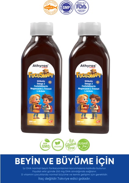 Focusmart Sitikolin, Omega 3, Fosfatidilserin, L-Arjinin, L-Treonat Şurup 150 ml ( 2 Kutu )