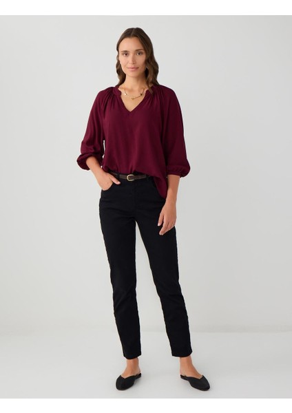 Bordo V Yaka Truvakar Kol Rahat Kesim Dokuma Bluz fiyatları
