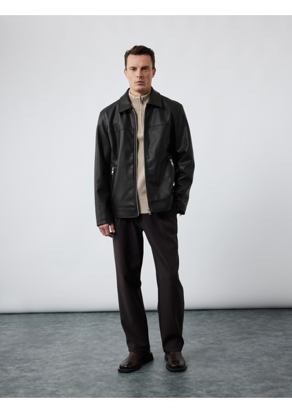 Uzun Kollu Fermuarlı Cep Detaylı Gömlek Yaka Suni Deri Ceket