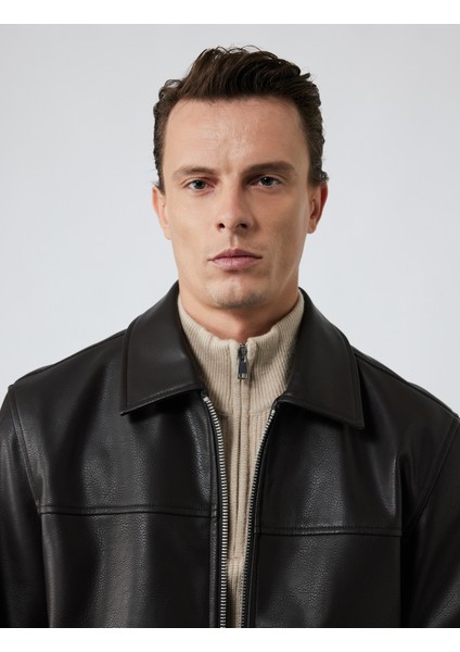 Uzun Kollu Fermuarlı Cep Detaylı Gömlek Yaka Suni Deri Ceket fiyatları