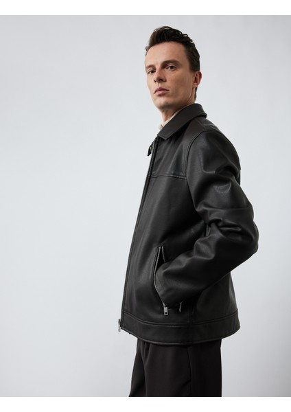 Uzun Kollu Fermuarlı Cep Detaylı Gömlek Yaka Suni Deri Ceket modelleri