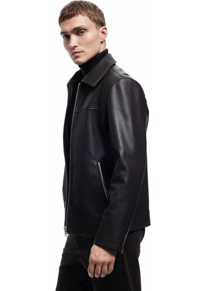 Uzun Kollu Fermuarlı Cep Detaylı Gömlek Yaka Suni Deri Ceket fırsatları