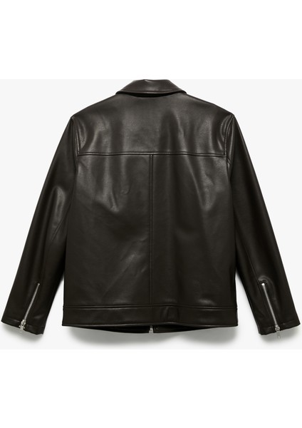 Uzun Kollu Fermuarlı Cep Detaylı Gömlek Yaka Suni Deri Ceket