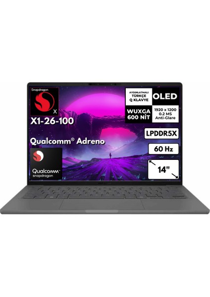 Zenbook A14 Snapdragon x X1-26-100 16 GB 1 Tbssd Qualcomm® Adreno 14" Wuxga Windows 11 Home Notebook UX3407QA381AT3