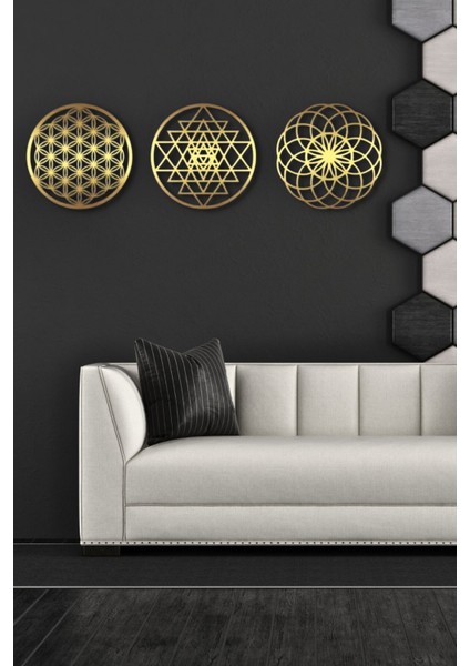 Yaşam Çiçeği Sri Yantra Torus Nefesi Üçlü Gold Aynalı Pleksi Dekoratif Tablo Duvar Süsü Shri Yantra indirimleri