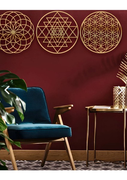 Yaşam Çiçeği Sri Yantra Torus Nefesi Üçlü Gold Aynalı Pleksi Dekoratif Tablo Duvar Süsü Shri Yantra