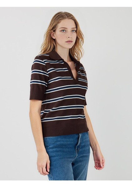 Acı Kahve %100 Pamuk Kısa Kollu Gömlek Yaka Örme Tişört