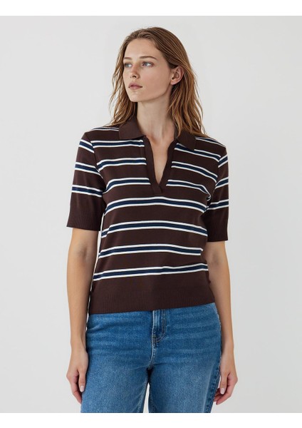 Acı Kahve %100 Pamuk Kısa Kollu Gömlek Yaka Örme Tişört modelleri