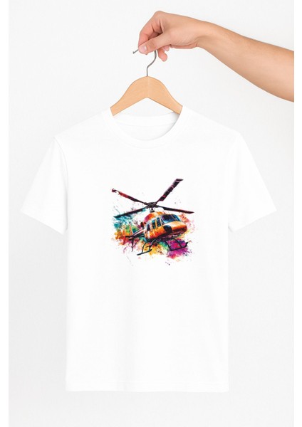Renkli Helikopter Temalı Unisex Tshirt Pilot - Havacı - Uçak Tutkunu