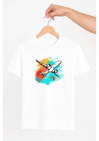 Renkli Gökyüzü ve Uçak Unisex Tshirt Pilot - Havacı - Uçak Tutkunu