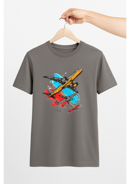 Renkli Yolcu Uçakları Unisex Tshirt Pilot - Havacı - Uçak Tutkunu