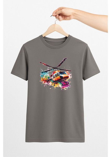 Renkli Helikopter Temalı Unisex Tshirt Pilot - Havacı - Uçak Tutkunu