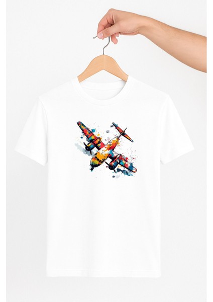 Renkli Çift Pervaneli Uçak Unisex Tshirt Pilot - Havacı - Uçak Tutkunu