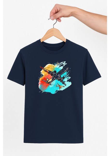 Renkli Gökyüzü ve Uçak Unisex Tshirt Pilot - Havacı - Uçak Tutkunu