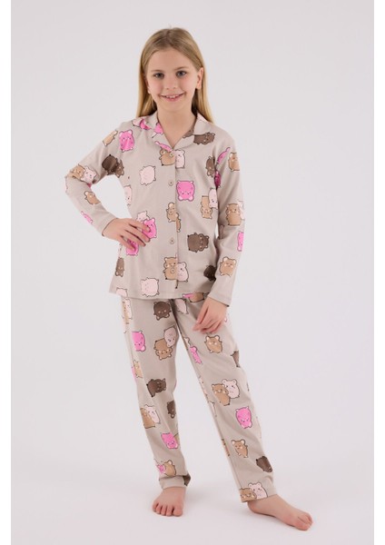 Kız Çocuk Bej Gömlek Pijama Takımı