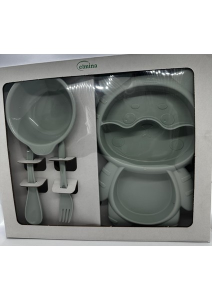 4 Parça Mama Tabağı Seti 3 Bölmeli Ayıcık Şekilli Eğlenceli Mama Tabağı ve Çatal Kaşık Kase Seti